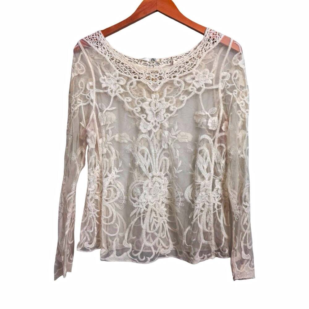 HAE Women’s Vintage Y2K White Sheer Lace Mesh Embroidered Floral Blouse L